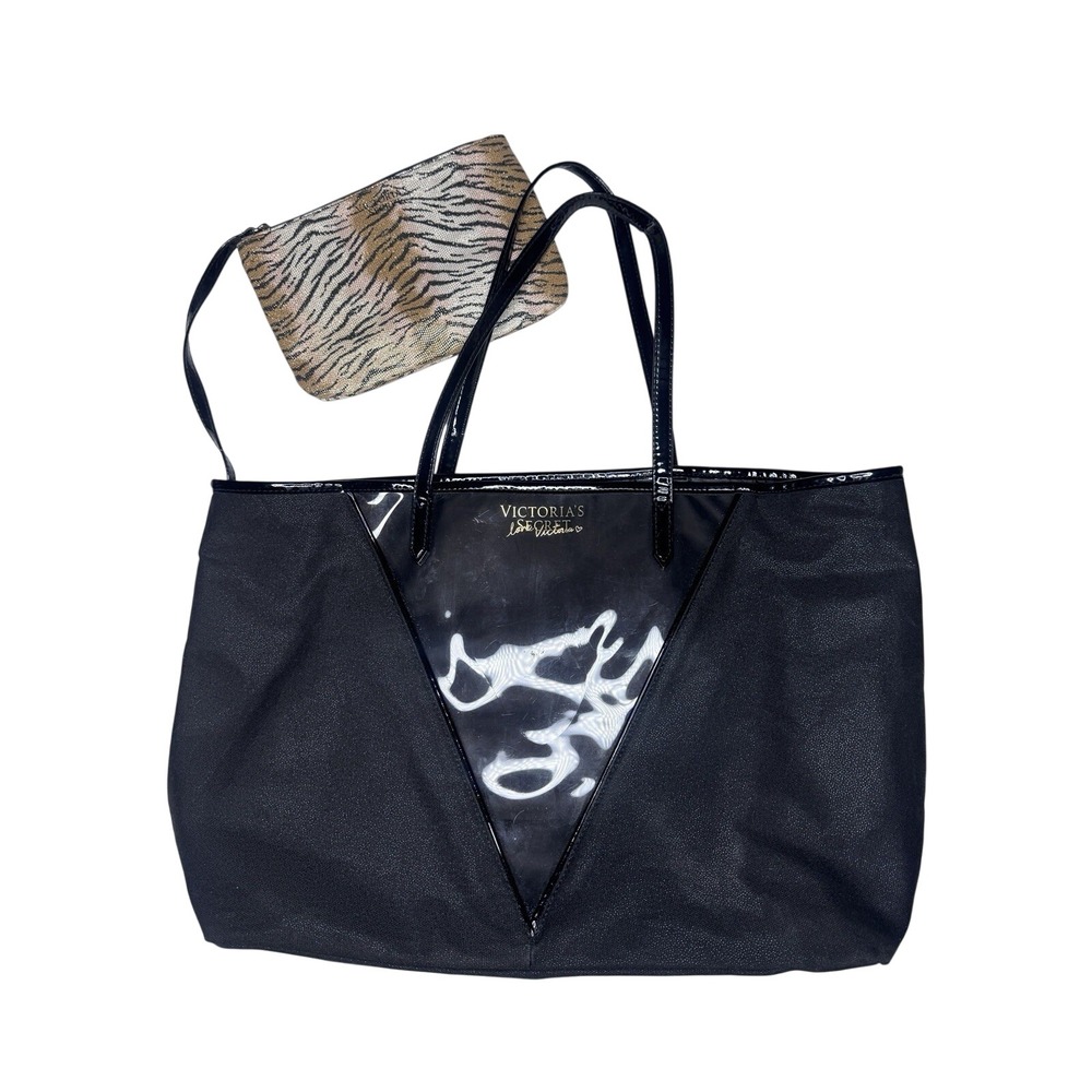 Victoria's Secret Black Tote Bag w Tiger Print Wristlet Pouch Set